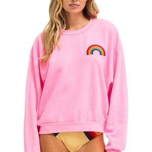 AVIATOR NATION new RAINBOW EMBROIDERY RELAXED CREW SWEATSHIRT - NEON PIN…